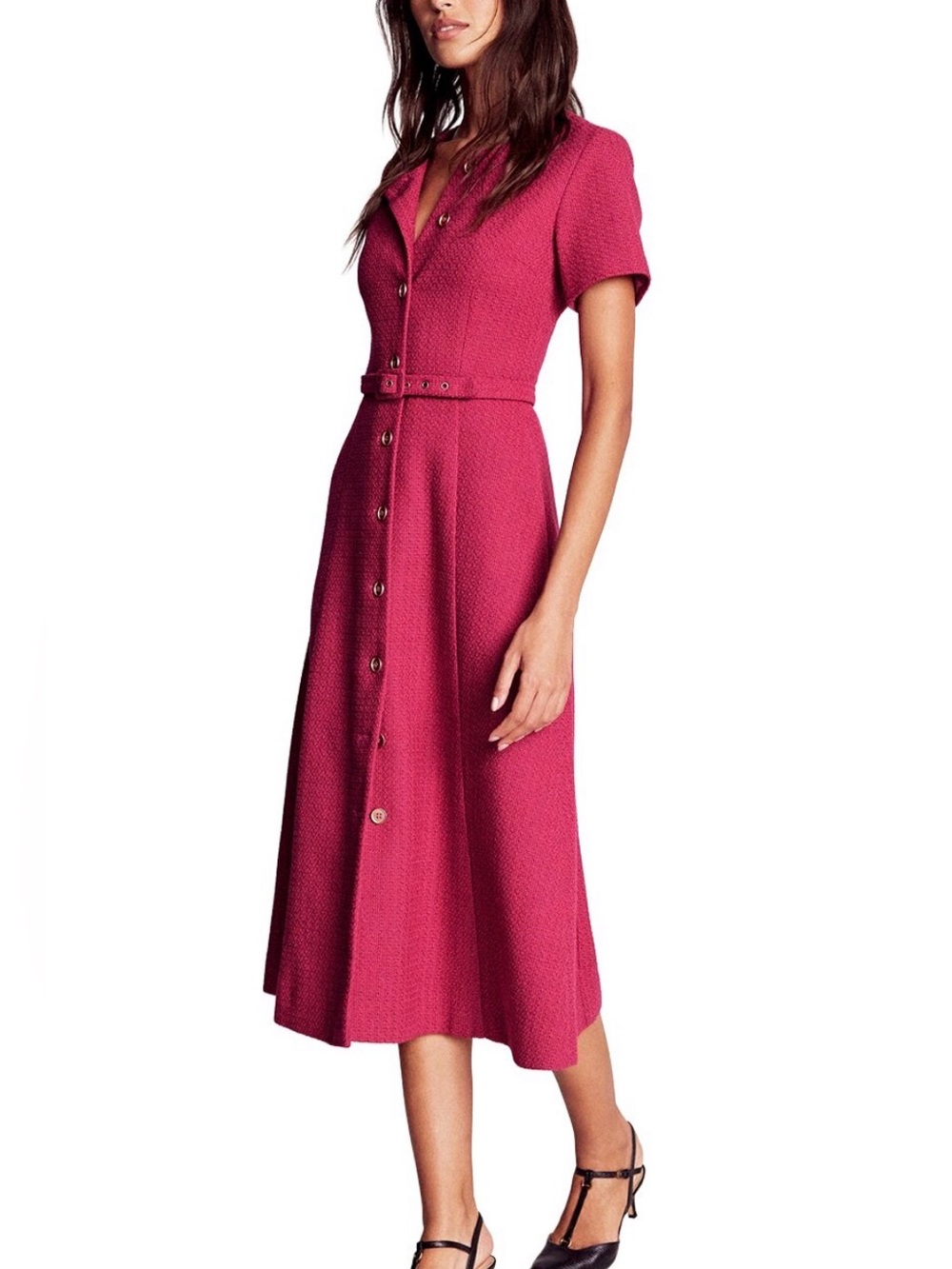 NWT Boden Charlotte Raspberry Red Button-Front Short Sleeve Belted Midi Dress - Picture 1 of 9